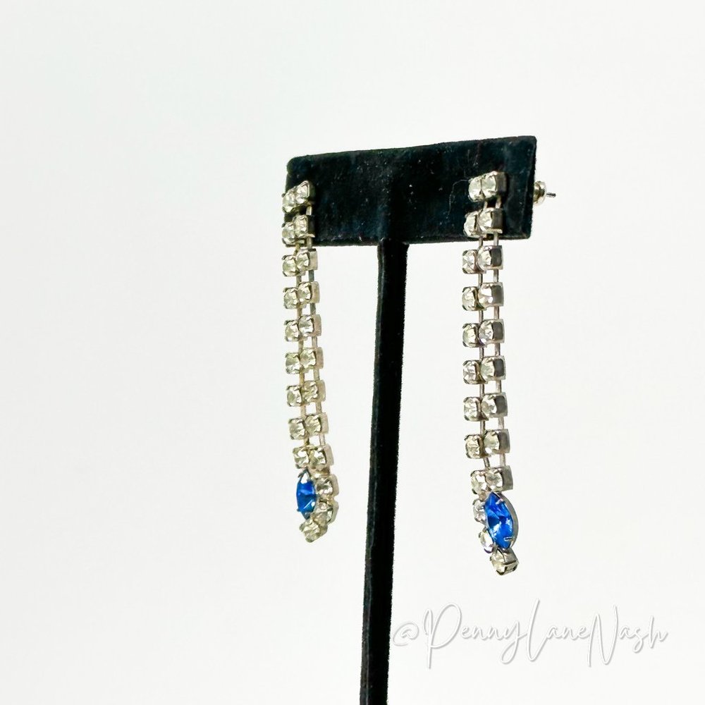 Vintage Two Row Rhinestone Drop with Blue Gem Dangle Earrings - Picture 9 of 9